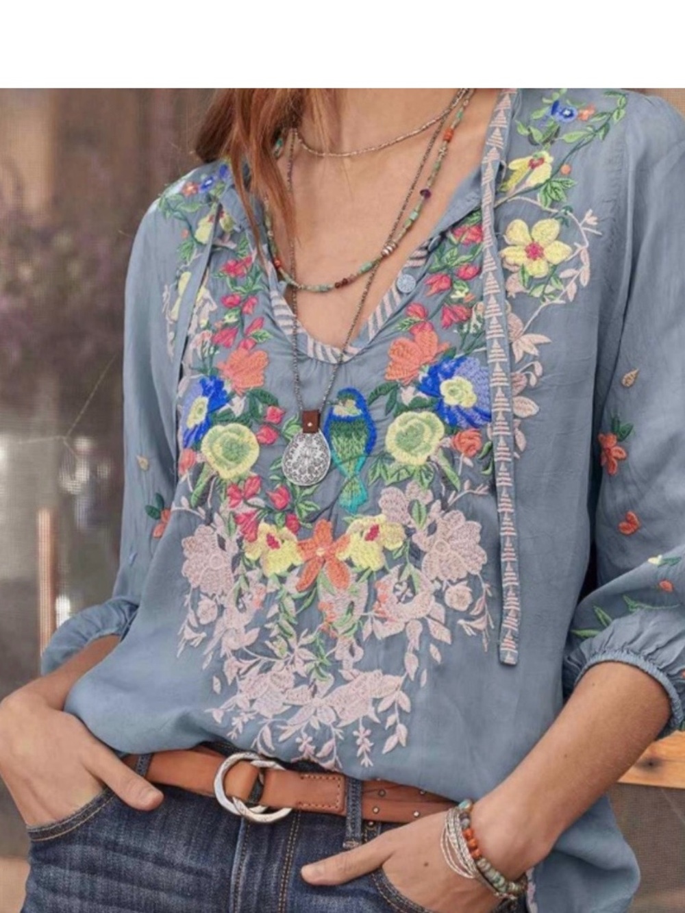 Johnny Was  Embroidered V-Neck Floral Tunic Top , SZ Small